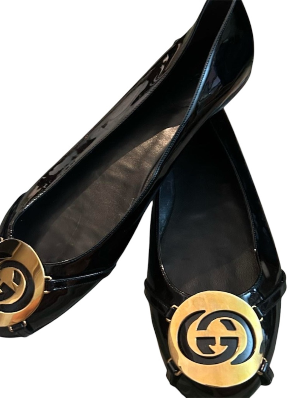 NEW GUCCI Gold and Black Logo Flats - 10 - Picture 3 of 5